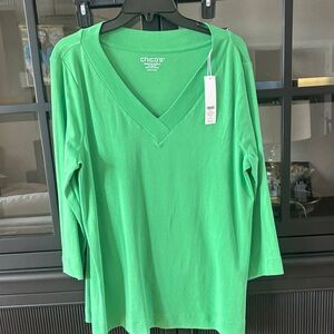 Chico's Bright Green V-Neck Long Sleeve Top